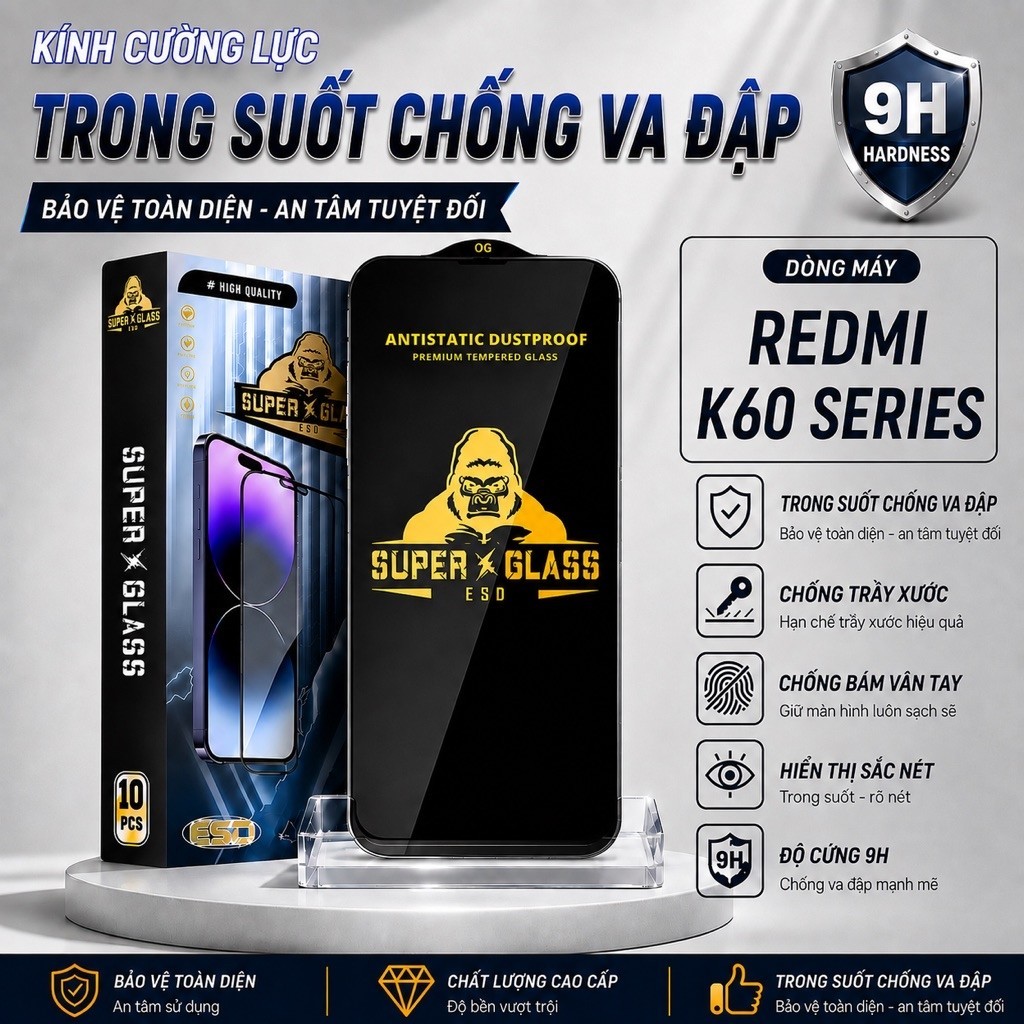 Kính cường lực Redmi K60, K60 Ultra, K60 Pro 5G trong suốt full màn kính dán bảo vệ màn hình
