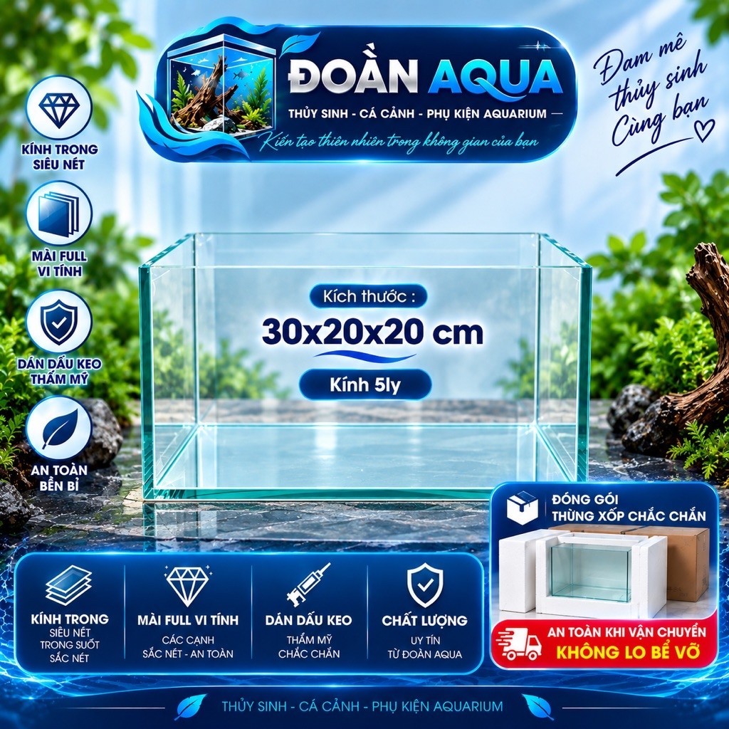 Hồ Cá 30x20x20,hồ cá thủy sinh bể cá mini để bàn kính 5 ly mài vi tính dán giấu keo