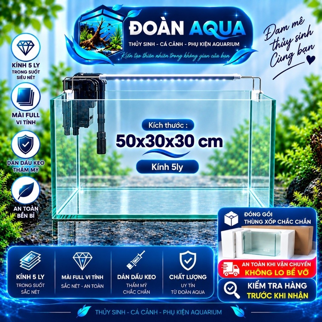 Bể cá 50x30x30 kính 5ly mài full vi tính an toàn,dán giấu keo