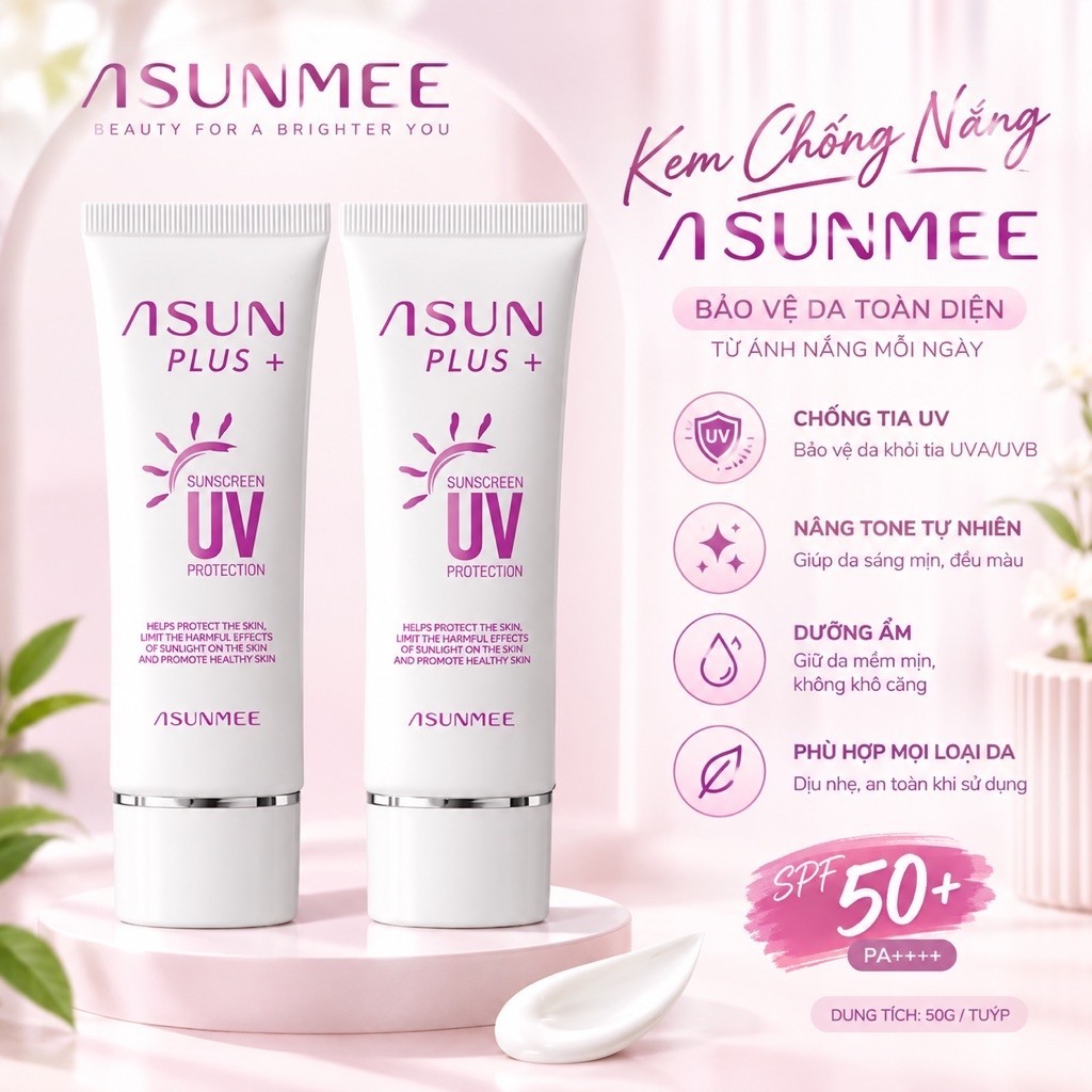 Combo 2 Kem Chống Nắng ASUNMEE Asun Plus+ SPF 50+ PA++++ Nâng Tone Tự Nhiên Dưỡng Ẩm Tuýp 50g