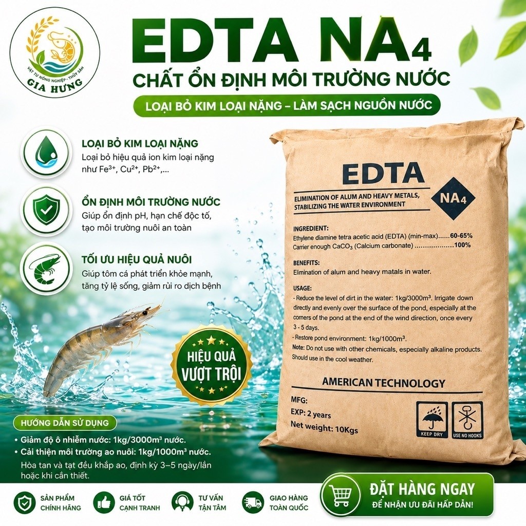 EDTA NA4 10kg hàng nguyên liệu hạ phèn, kim loại nặng trong ao nuôi.