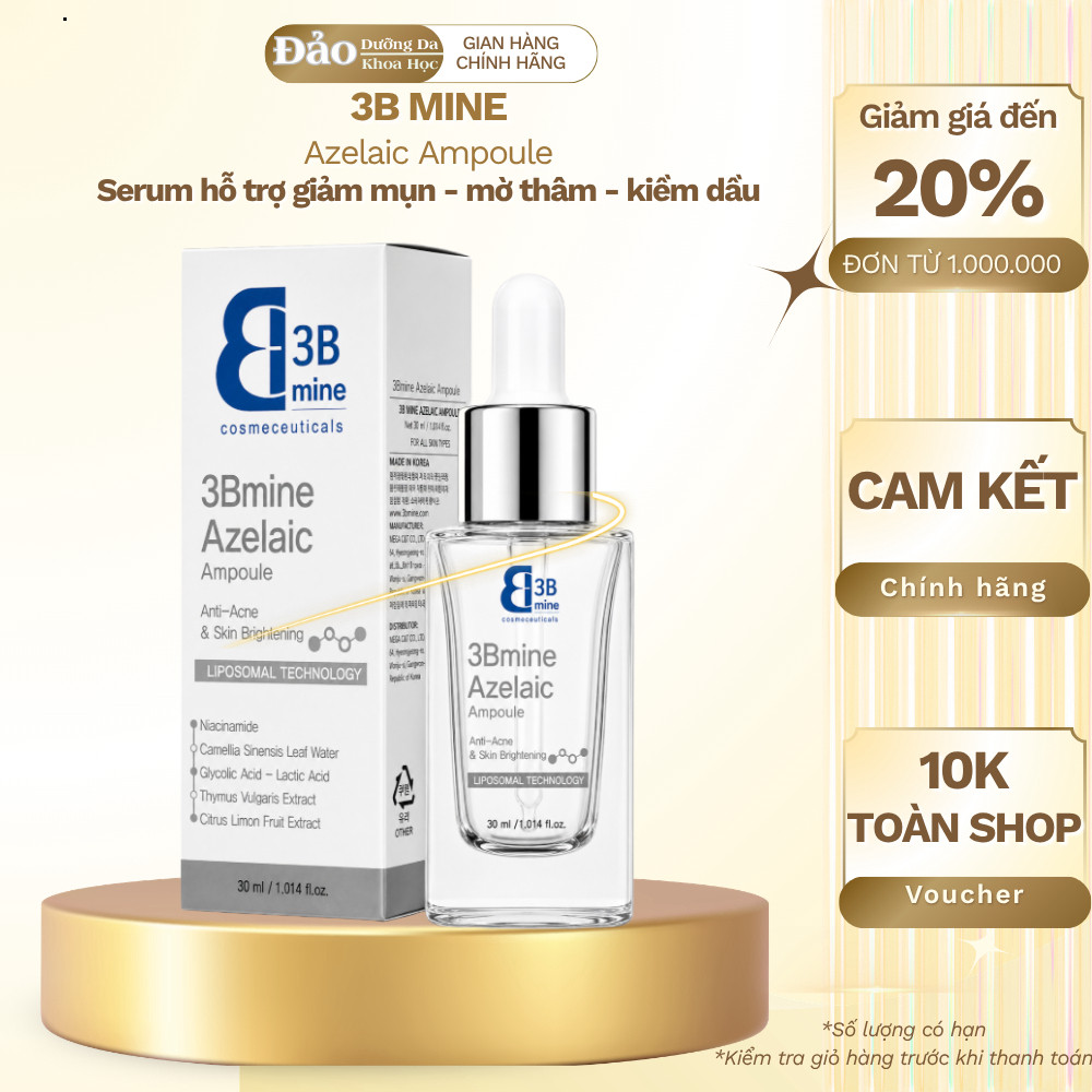 3Bmine Azelaic Ampoule 30ml Serum Azelaic Acid Hỗ Trợ Giảm Mụn Mờ Thâm Kiềm Dầu