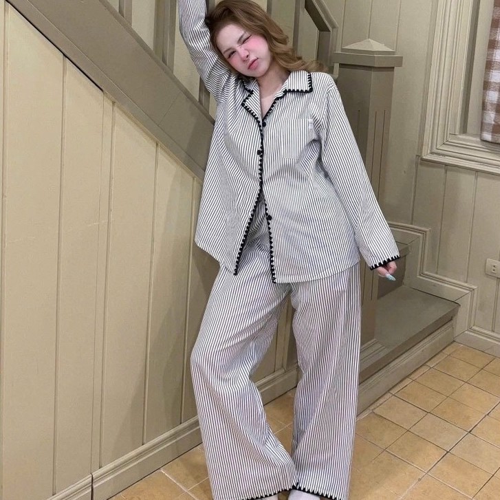 [HÀNG SẴN] Bộ ngủ pijama thô sọc dọc cao cấp mềm mịn thoáng mát, mặc nhà đi dạo đi chơi xinh xắn M52
