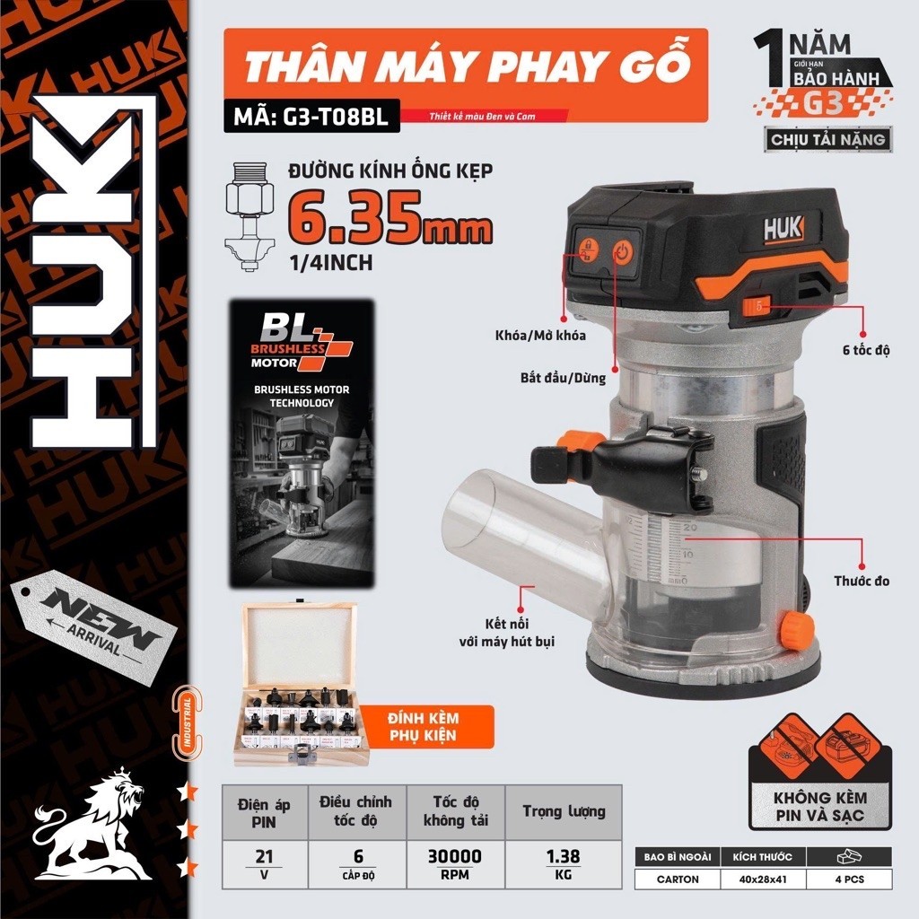 [GEN3] Thân máy phay gỗ HUKAN GEN3 G3-T08BL,Không chổi than,Chân pin phổ thông,bảo hành 1 năm.