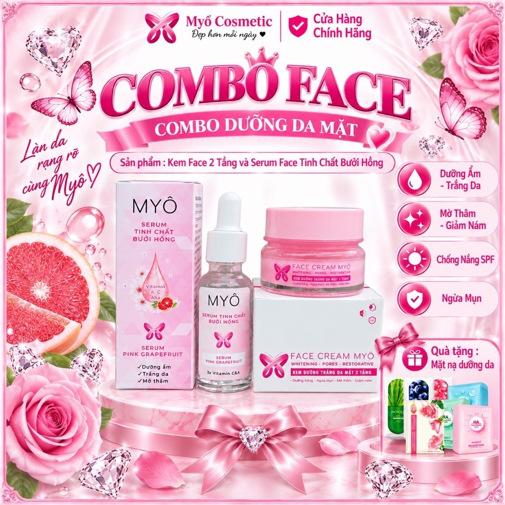 [COMBO FACE] KEM FACE 2 TẦNG + CHAI SERUM TINH CHẤT BƯỞI HỒNG DƯỠNG DA MẶT MYÔ. Hỗ trợ dưỡng trắng, 