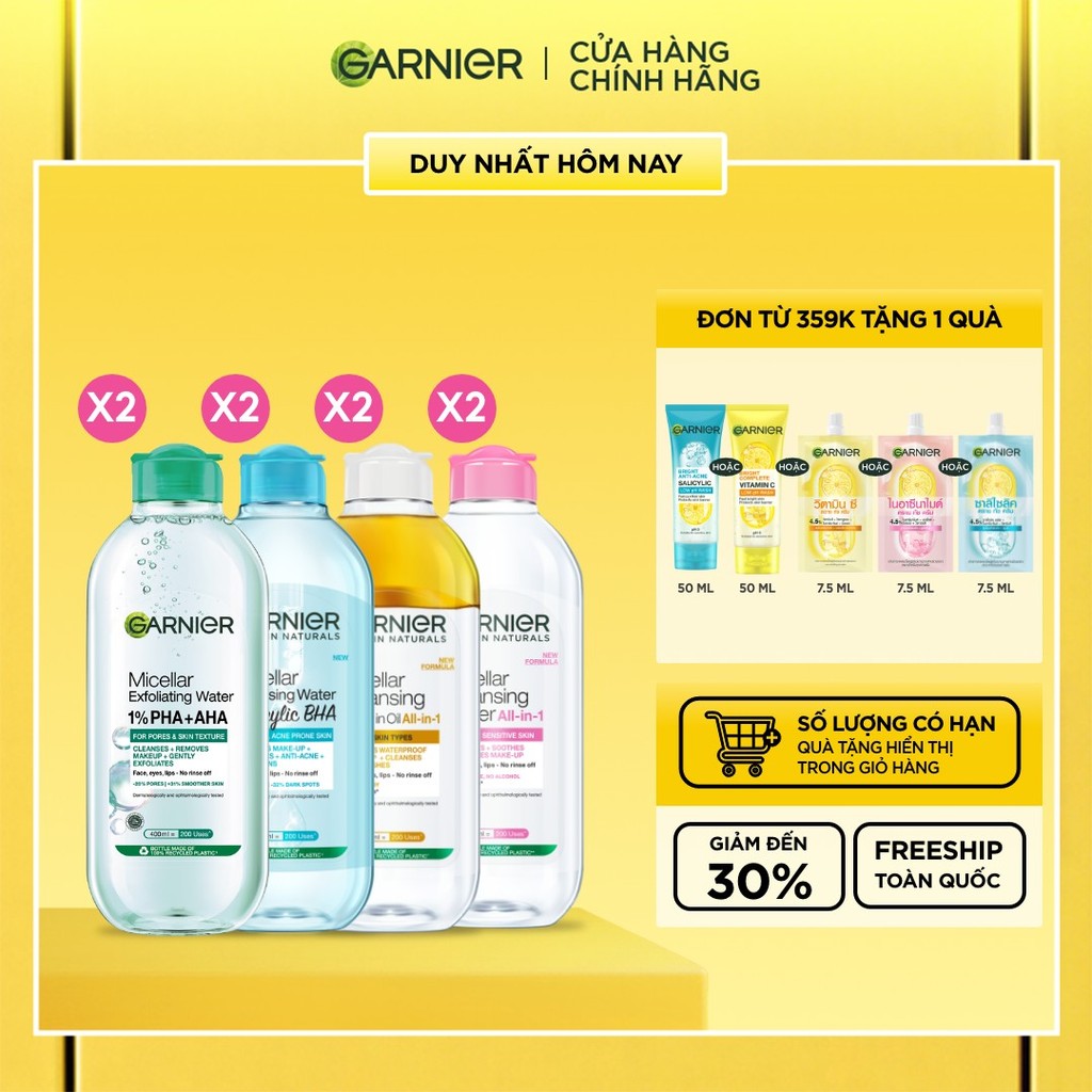 Bộ 2 nước Tẩy Trang làm sạch sâu dịu nhẹ cho mọi loại da (dầu, thường, khô, nhạy cảm) -Garnier Micel