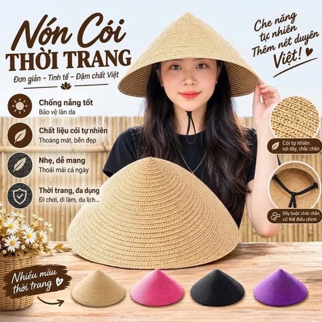 Nón lá cói thời trang được làm từ sợi cói đội đi làm đi chơi đều đẹp, hình hoa thêu ngẫu nhiên