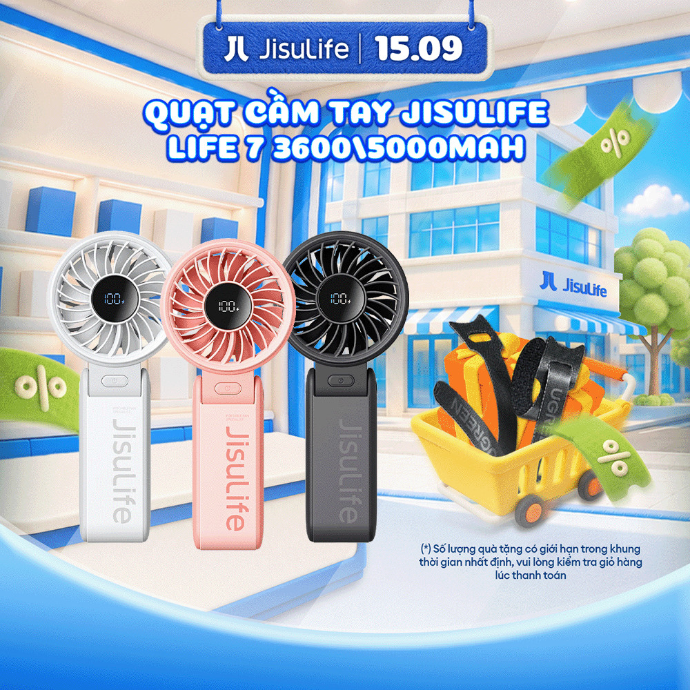 Quạt Cầm Tay Mini JISULIFE Life 7 5 Cấp Gió Màn Hình LED Gập 150 Độ 3600/5000mAh, Bảo Hành 12 Tháng