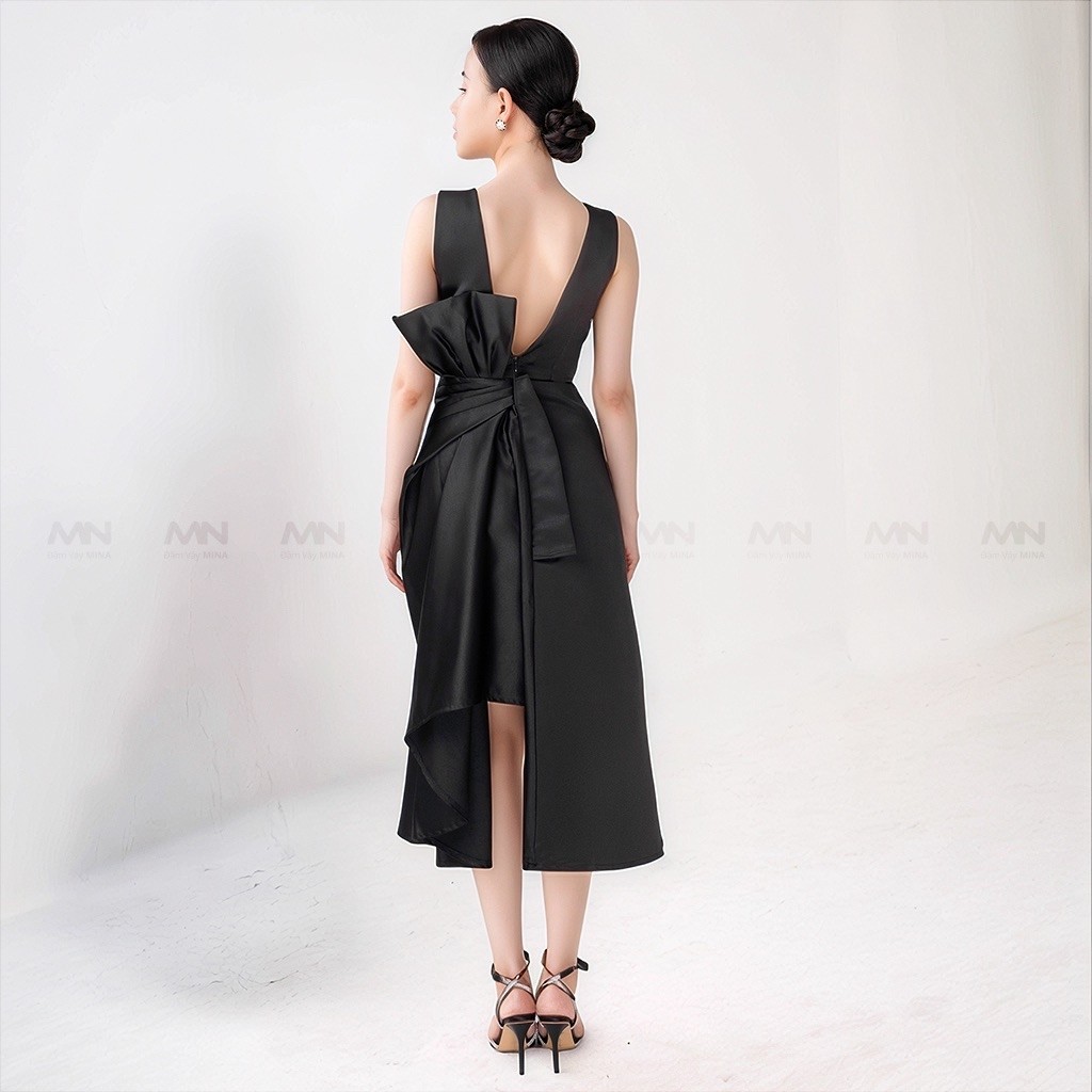 Đầm dự tiệc MINA hở lưng dáng xoè midi chất Taffeta màu đen sang trọng quyến rũ - MN104