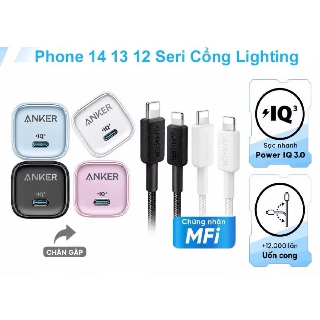 BỘ SẠC ANKER a2699 20W C to L, dành cho điện thoại 8 -> 14