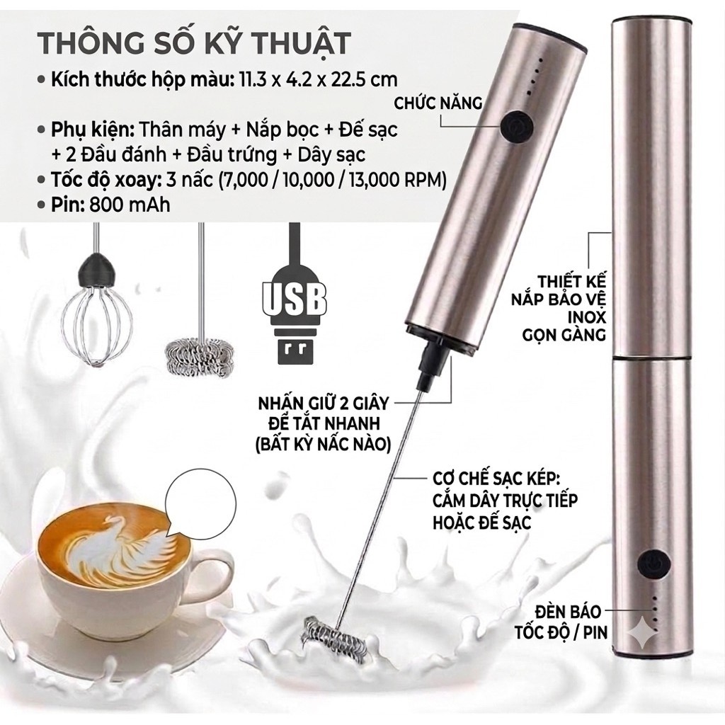 Máy Đánh Bọt Cà Phê Microfoam MFB1501G - 2 Đầu Đa Năng, Thép không gỉ, Đế sạc USB tiện lợi - Hàng Ch