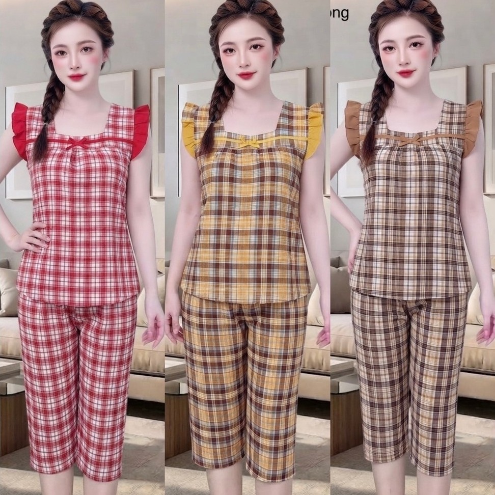T02 (40-80kg) SET ĐỒ BỘ QUẦN LỬNG KHÔNG TÚI LỤA 100D IN SỌC CARO XINH