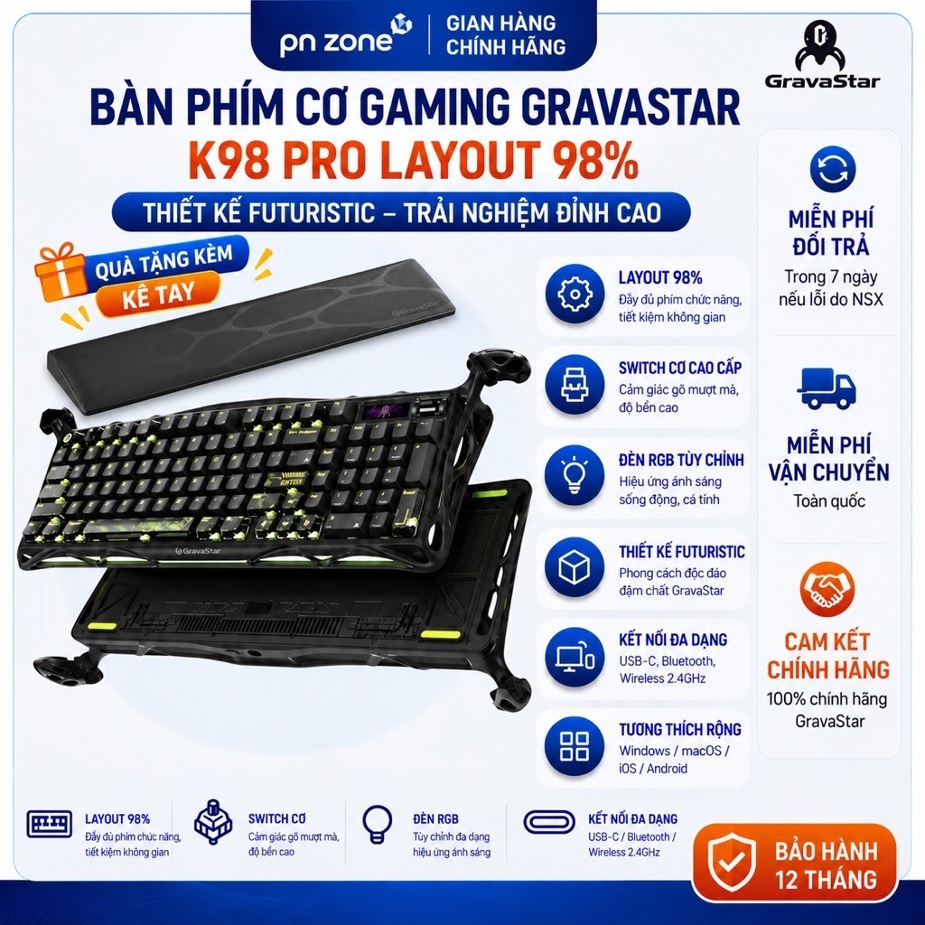Bàn Phím Cơ Gaming GravaStar K98 Pro Layout 98%  - Bảo Hành 12 Tháng.