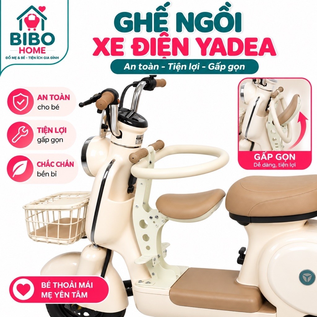 Ghế ngồi trước xe điện cho bé gắn Yadea I8, Maoly, Moka – gập gọn, có tay cầm, tựa lưng, đệm êm