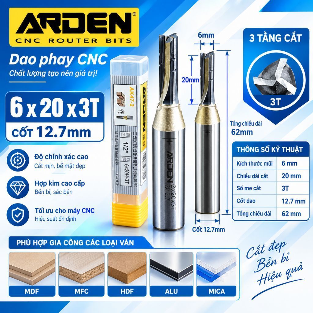 Dao Phay CNC Gỗ ARDEN AK47-2 6mm Cốt 12.7mm Dài Cắt 20mm 3 Me