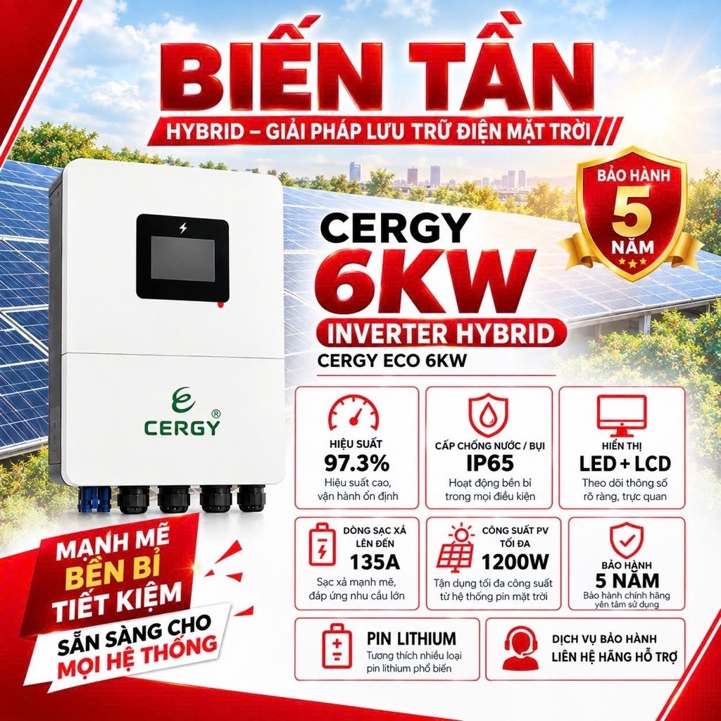 Inverter Hybrid CERGY 6kW, biến tần 6kw có CT ngoài - 2MPPT