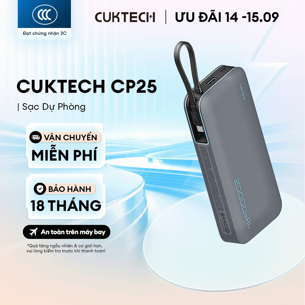 CUKTECH CP25 Sạc Di Động 2C1A Kèm Cáp | Sạc Nhanh 55W Max | Dung Lượng 20.000mAh | Bảo Hành 18 Tháng PB200N