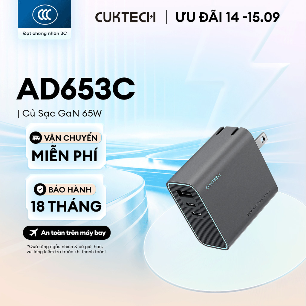 Củ Sạc GaN CUKTECH AD653C 2C1A | Cống Suất 65W Max | Hỗ Trợ Sạc Nhanh | Thiết Kế Nhỏ Gọn | Bảo Hành 18 Tháng