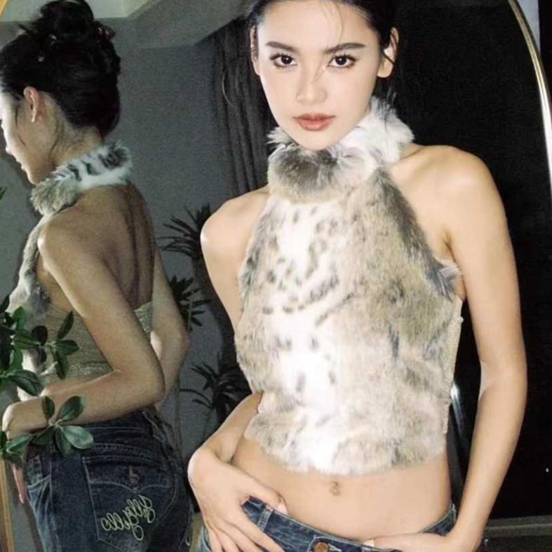 Áo Yếm Da Báo Lông Xù Dây Áo Vest Nữ Ngắn Ngắn Hở Lưng Với Thiết Kế Sang Trọng Sling