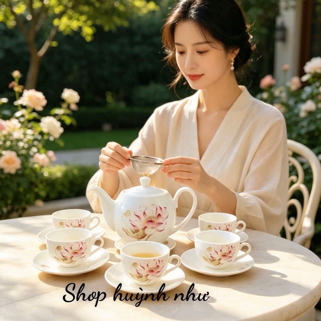 [SHOP 3K MARTS II]Bộ ấm trà hình hoa sen đẹp1 Bộ gồm 1 ấm trà , 6 ly kèm 7 cái đĩa lót . Sứ tráng me