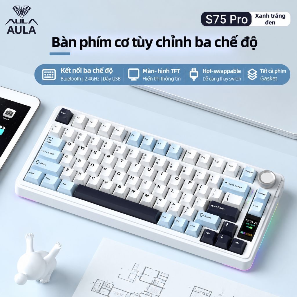 Bàn phím cơ AULA S75 Pro - Switch Caramel Latte, Hotswap, 3 mode, Led RGB, Màn hình TFT