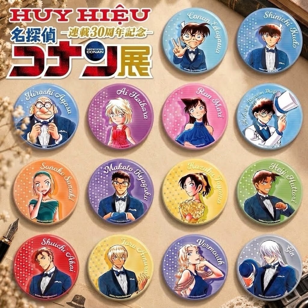 UNOFF - BỘ CÁC HUY HIỆU CONAN KỶ NIỆM 30 NĂM SHINICHI RAN KAZUHA HATTORI MAKOTO KID AMURO SONOKO GIN