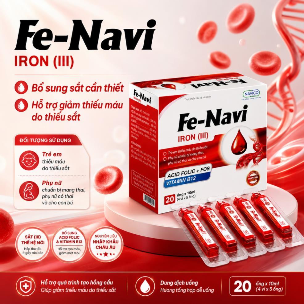 [CHÍNH HÃNG] NAVICO Fe-Navi – Bổ sung sắt, Acid Folic và Vitamin B12 – Hộp 20 ống x 10ml