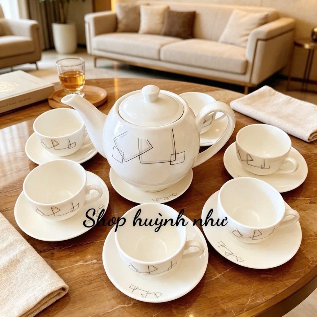 [SHOP 3K MARTS II]<Bộ ấm trà hình đẹp1 Bộ gồm 1 ấm trà , 6 ly kèm 7 cái đĩa lót . Sứ tráng men hoạ t