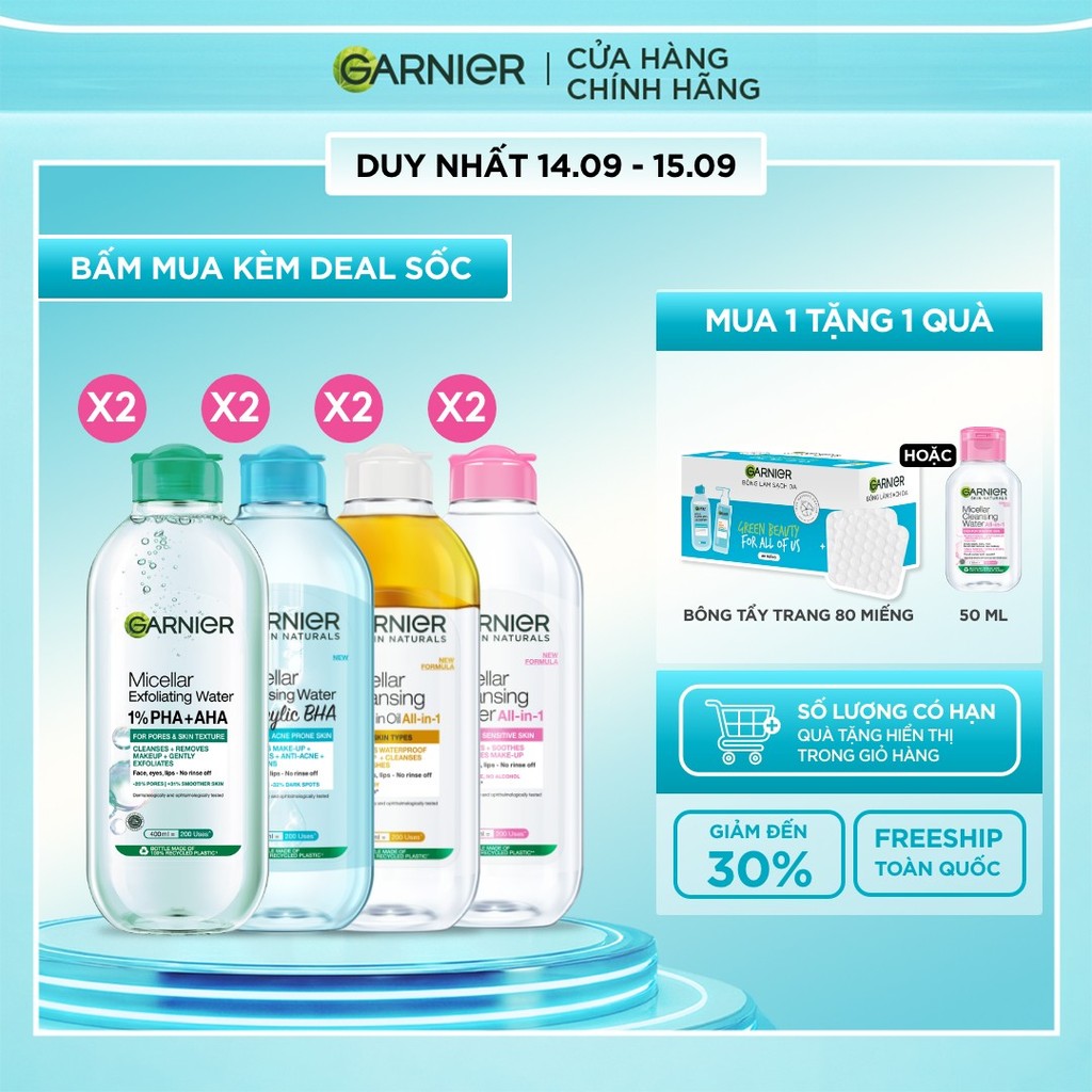 Bộ 2 nước Tẩy Trang làm sạch sâu dịu nhẹ cho mọi loại da (dầu, thường, khô, nhạy cảm) -Garnier Micellar Cleansing Water
