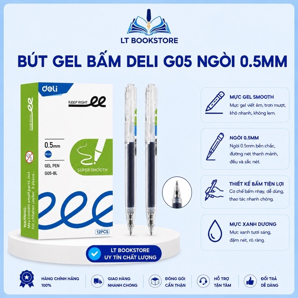 [5/10]Bút gel bấm Deli G05 mực xanh ngòi 0.5mm, Bút bi bấm mực gel trơn tru - LT BookStore