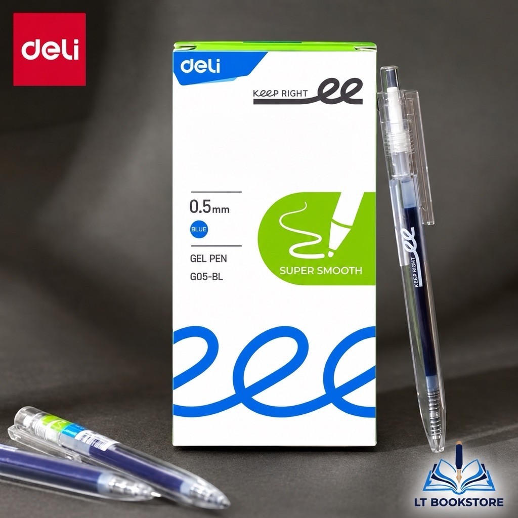 Hộp 12 Bút Gel Deli G05 0.5mm, Mực Xanh, Viết Êm, Mực Ra Đều