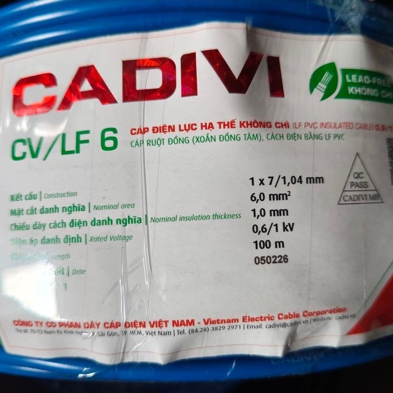 DÂY ĐIỆN CADIVI CV/LF 6.0 CUỘN 100M -DÂY ĐƠN -CHÍNH HÃNG