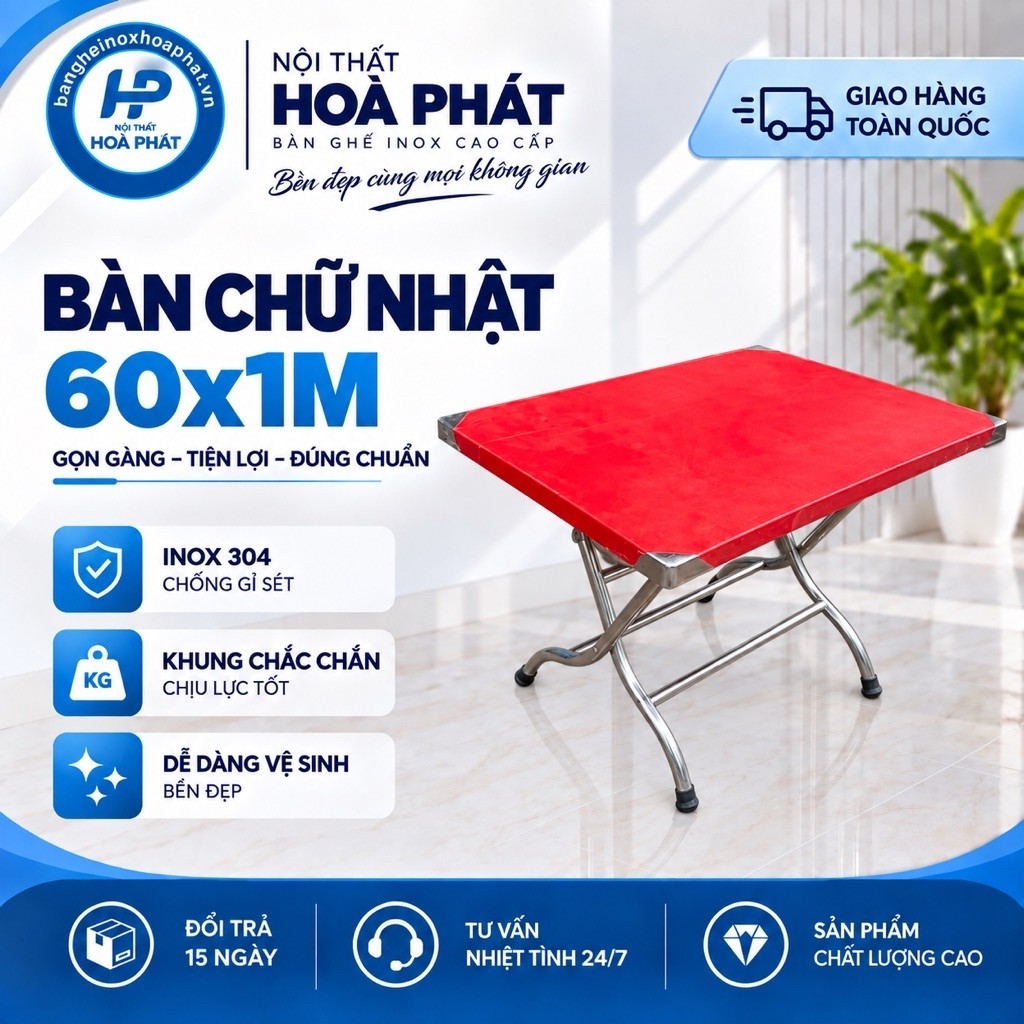 Bàn chữ nhật inox gấp gọn siêu bền kích thước 60x1m