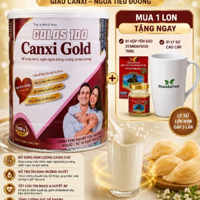 SỮA TIỂU ĐƯỜNG GIÀU CANXI ( KÈM LỌ YẾN VÀ LY SỨ ) COLOS 100 LON 900 - BẢO VỆ SỨC KHỎE .