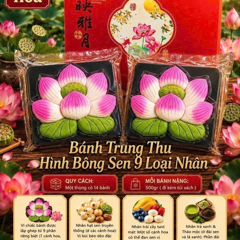 Bánh Trung Thu Hồng Liên Hoa- Sen Hồng 9 Bánh Kèm Hộp Cao Cấp Ít Ngọt, không phẩm màu. Quà Tết Trung Thu