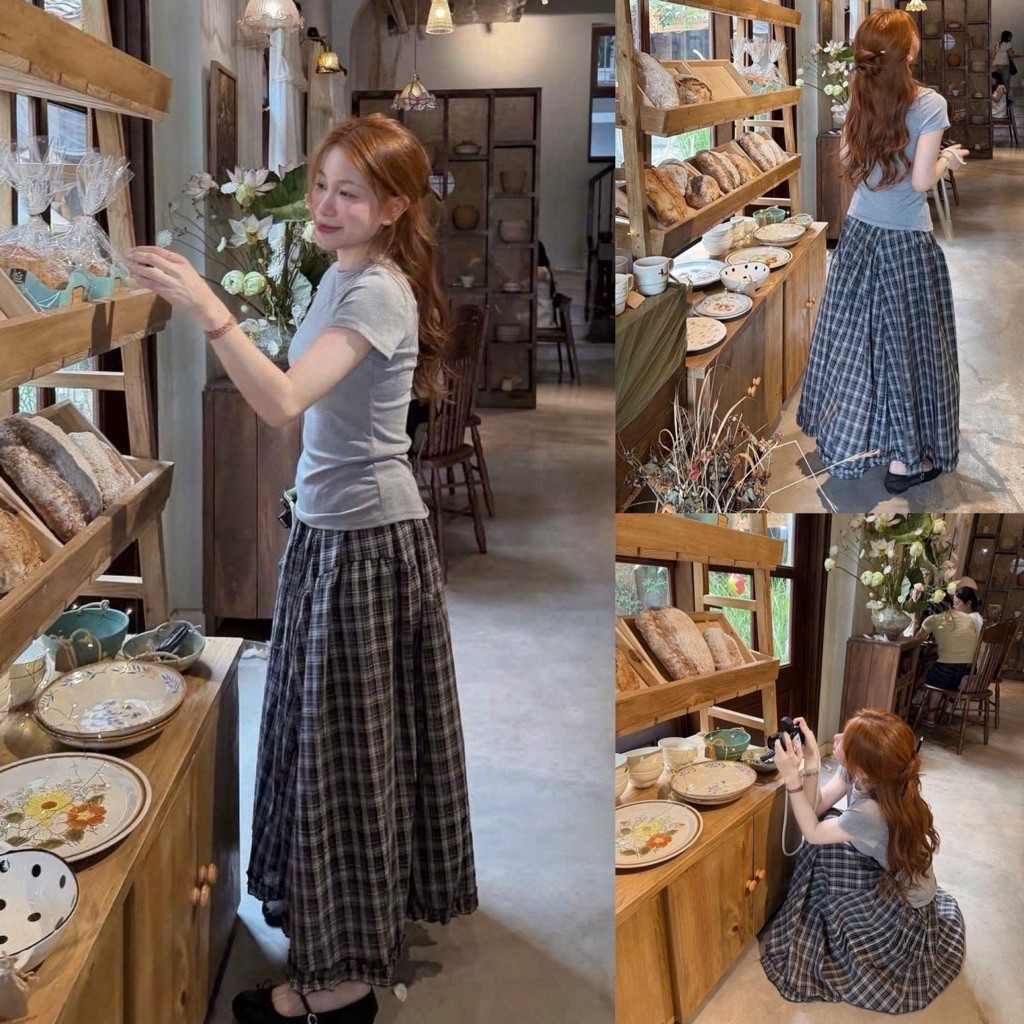 Chân váy kẻ caro đen cách điệu gấu bèo cạp chun co giãn “IVINA”