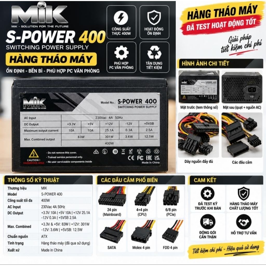 Nguồn PC MIK Power 400W Hàng Tháo Máy – PSU Máy Tính 400W – Nguồn Máy Tính