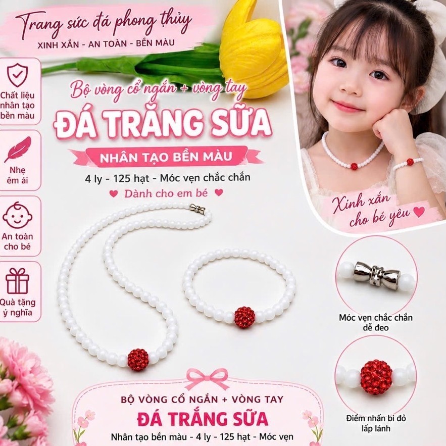Bộ vòng cổ ngắn đá NT trắng sữa 4 ly 125 hạt móc vặn (SP003119, BV500)