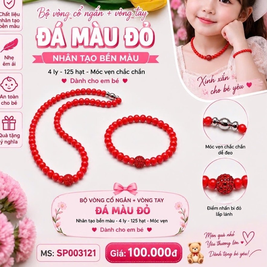 Bộ vòng cổ ngắn đá NT đỏ đậm 4 ly 125 hạt móc vặn (SP003121, BV500)