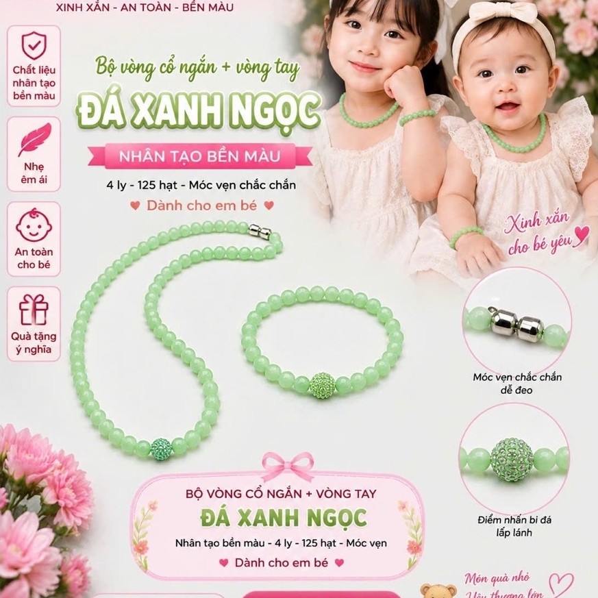 Bộ vòng cổ ngắn đá NT xanh ngọ.c nhạt 4 ly 125 hạt móc vặn (SP003122, BV500)