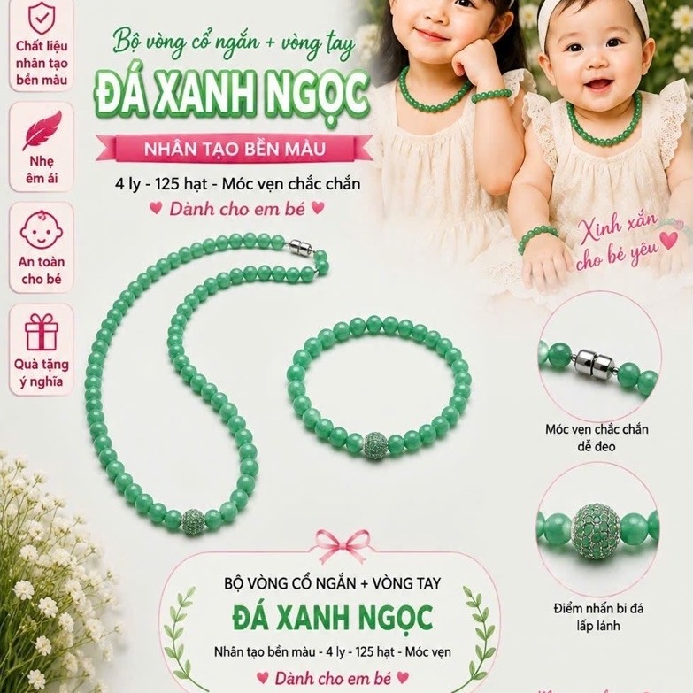 Bộ vòng cổ ngắn đá NT xanh lá 4 ly 125 hạt móc vặn (SP003124, BV500)