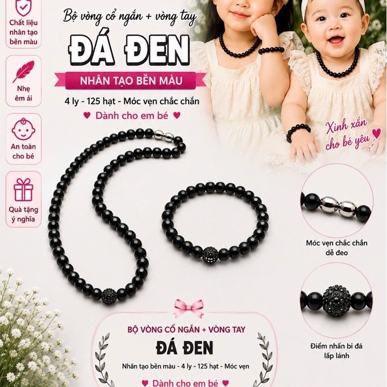 Bộ vòng cổ ngắn đá NT màu đen 4 ly 125 hạt móc vặn (SP003125, BV500)