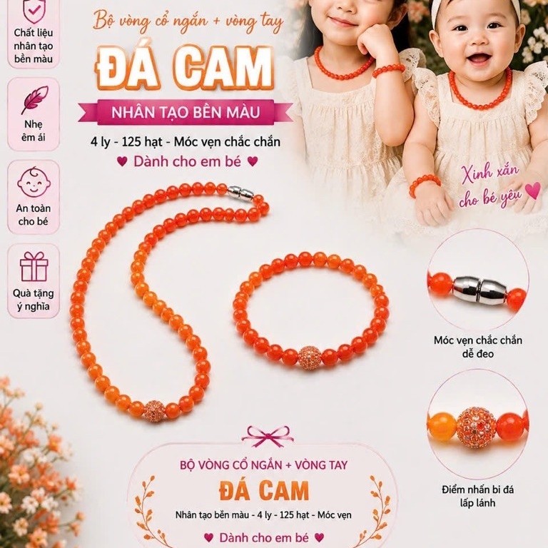 Bộ vòng cổ ngắn đá NT màu cam 4 ly 125 hạt móc vặn (SP003126, BV500)