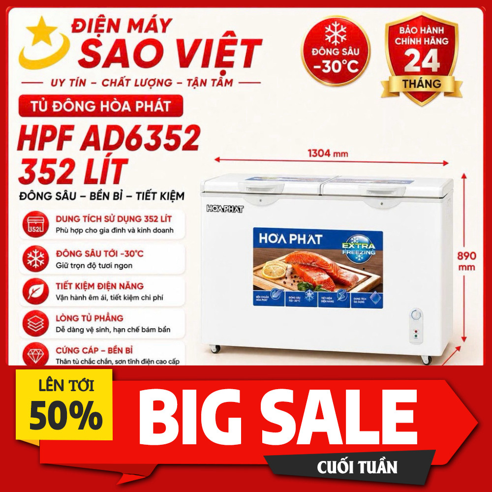 IB ĐẶT HÀNG  Tủ Đông Hòa Phát HPF AD6352 352 Lít Dàn Đồng Làm Lạnh Nhanh Tiết Kiệm Điện Bảo Hành 24 
