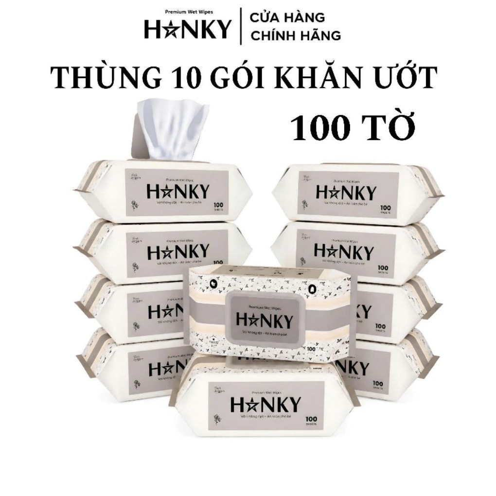 Thùng 10 Gói Khăn Ướt Hanky 100 tờ không cồn không mùi cao cấp dành cho gia đình