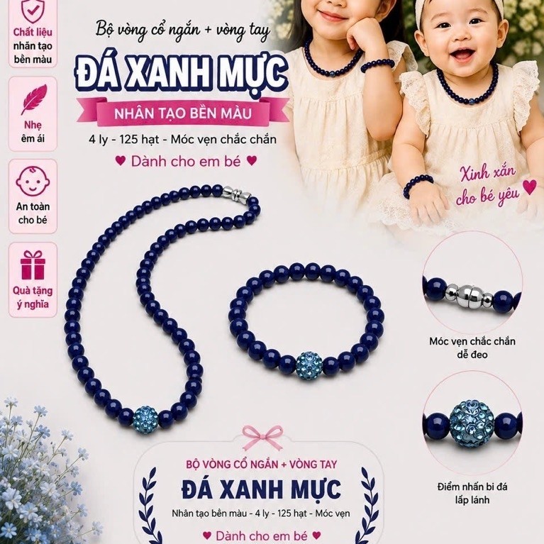 Bộ vòng cổ ngắn đá NT xanh mực 4 ly 125 hạt móc vặn (Ms: SP003120, BV500)