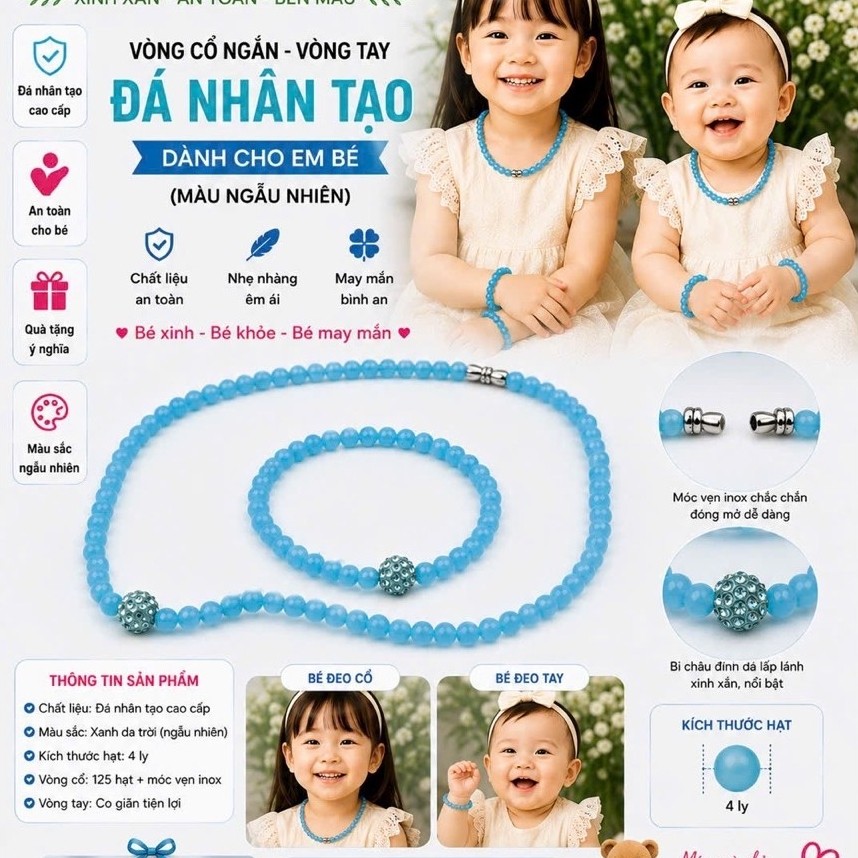 Bộ vòng cổ ngắn đá NT xanh da trời đậm 4 ly 125 hạt móc vặn (Ms: SP003128, BV500)