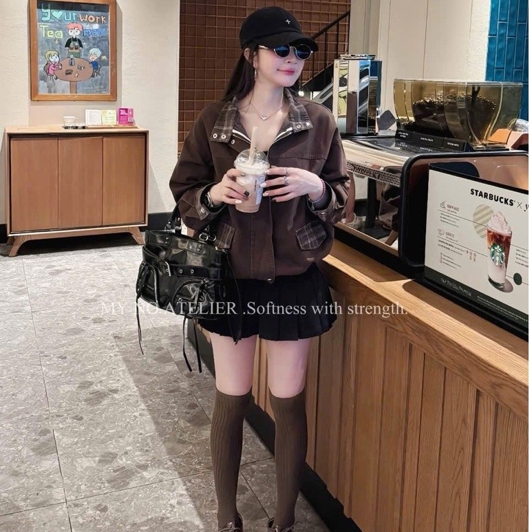 Khoác bò cổ tay phối kẻ hot Qc (HT store)