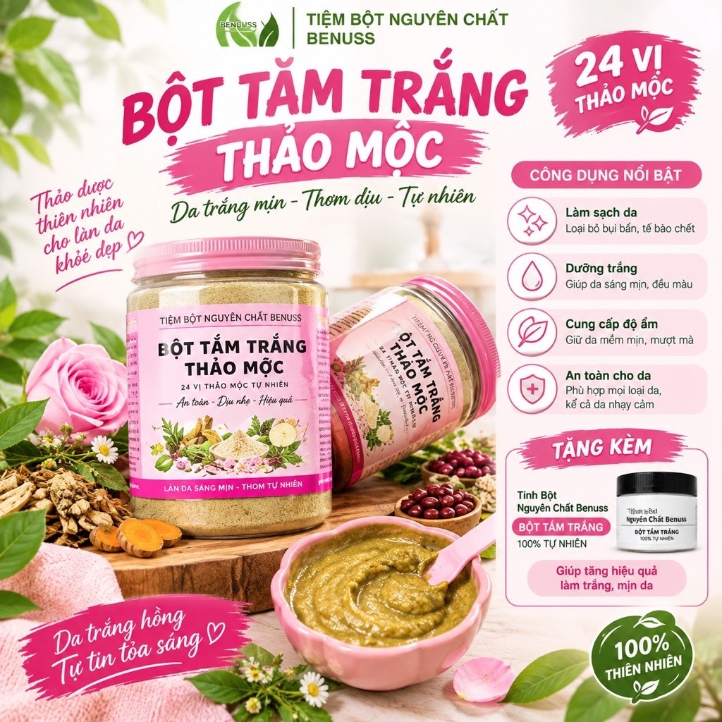 [mix Thuốcbac] Bột Tắm Trắng Thảo Mộc 24 Vị ThuốcBắc 500Gram ( tặng nia)