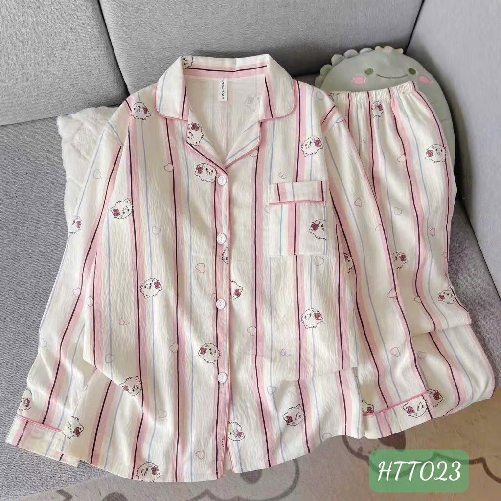 Đồ ngủ kẻ hồng hoạ tiết thú nhí xinh xắn mềm mịn